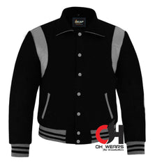 Varsity-Jacke aus schwarzem Woll- und grauem Leder mit Byron-Kragen 