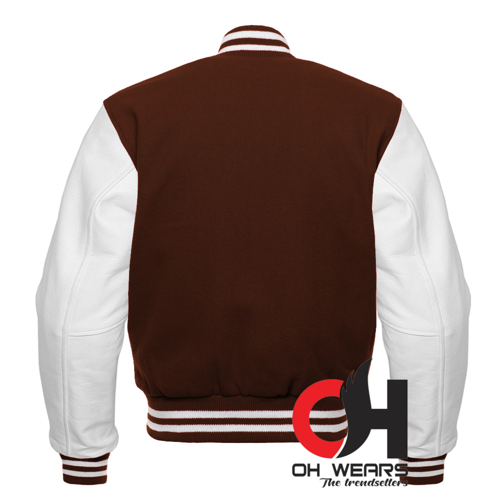 Chaqueta Varsity con mangas de lana marrón y cuero blanco genuino 