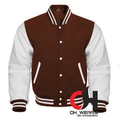 Chaqueta Varsity con mangas de lana marrón y cuero blanco genuino 