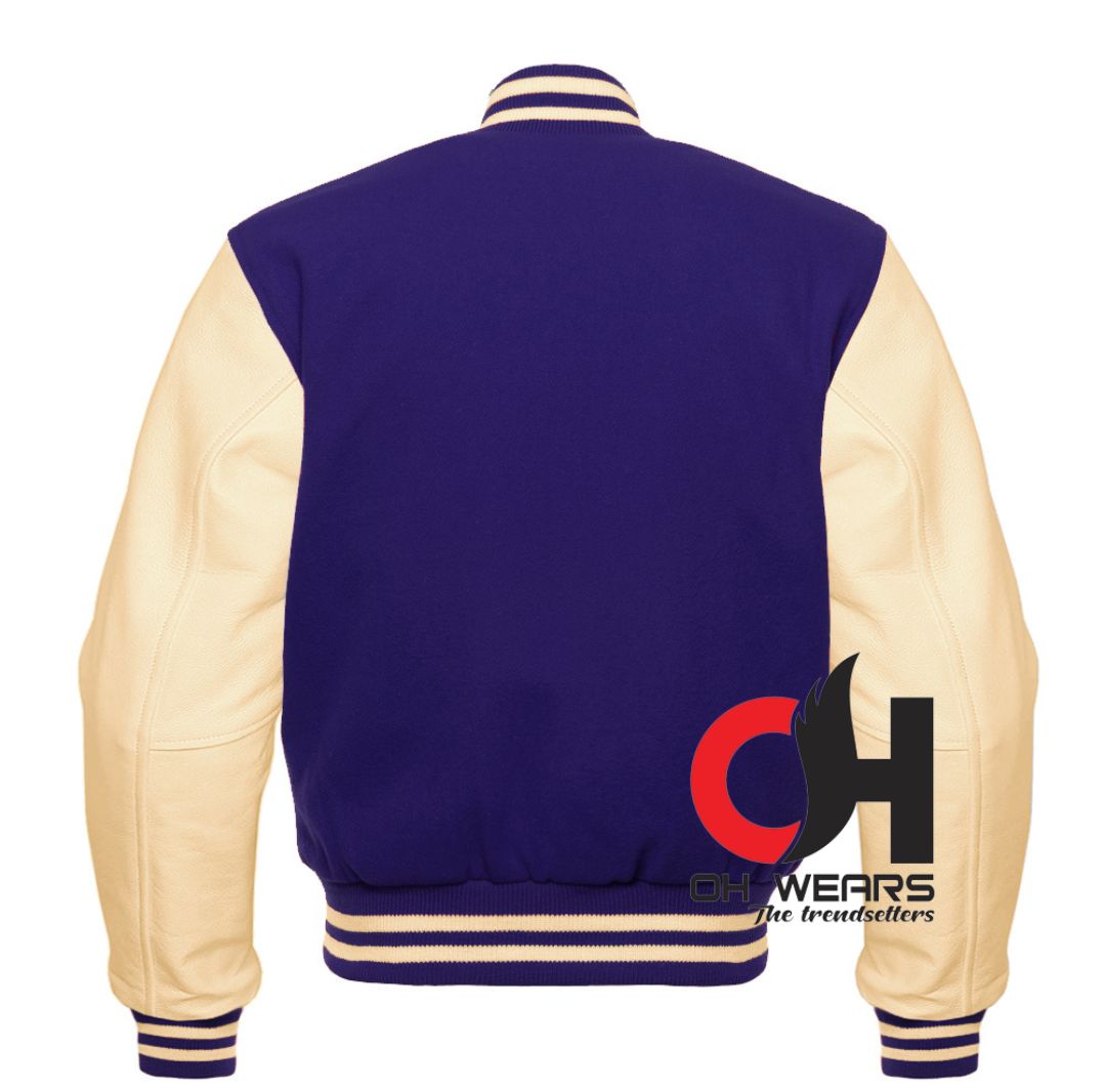 Navy Blue Wool and Genuine Cream Leather Sleeves Varsity Jacket Varsity