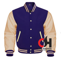 Chaqueta Varsity con mangas de lana azul y cuero genuino color crema Varsity 