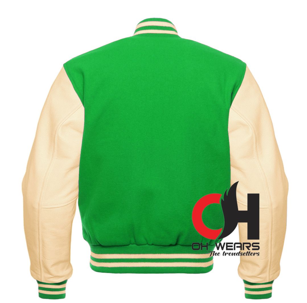 Chaqueta Varsity con mangas de cuero color crema y lana verde loro 