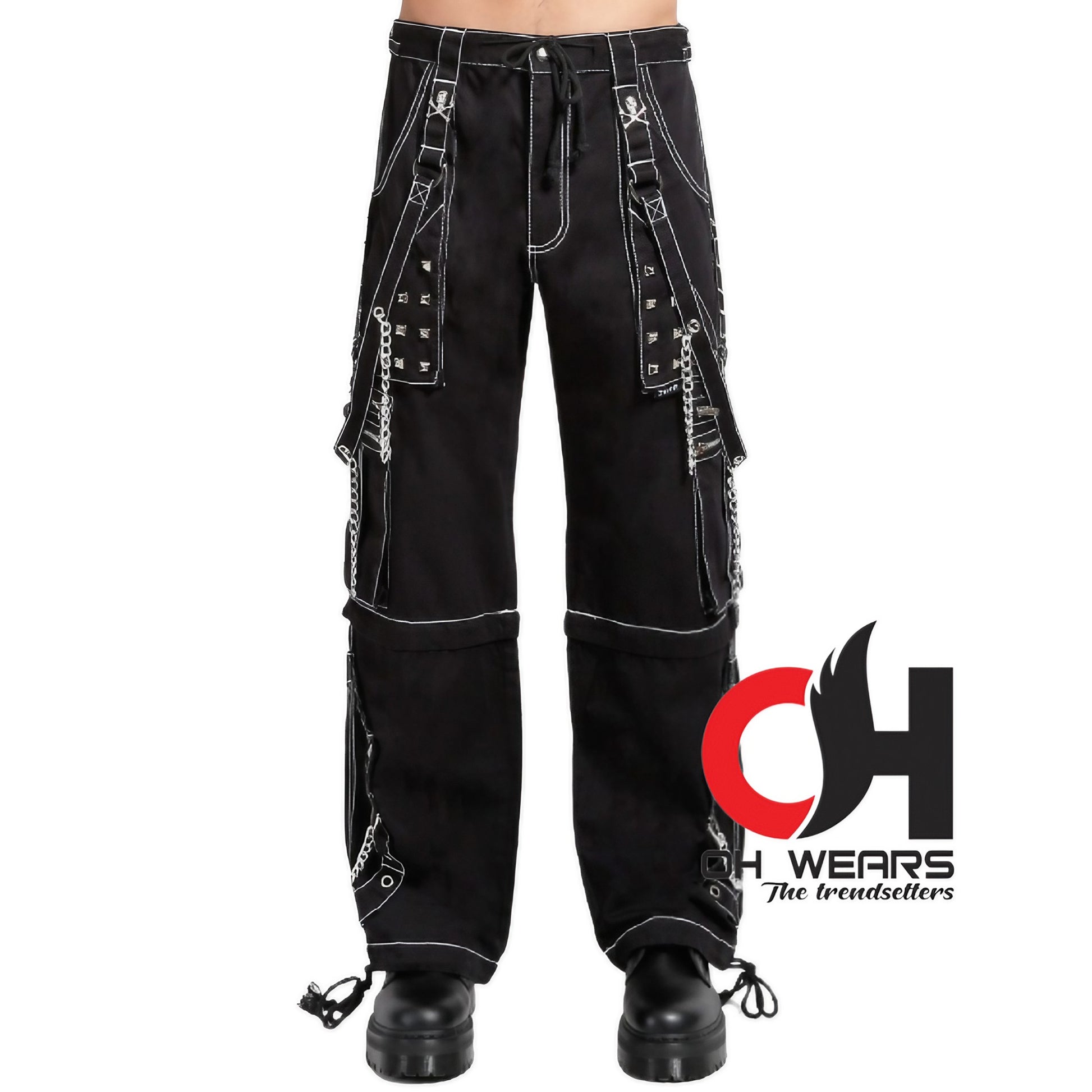 Individual wearing the Tripp Men’s Electro Bondage Rave Gothic Cyber Chain Goth Jeans adorned with chains and metal studs