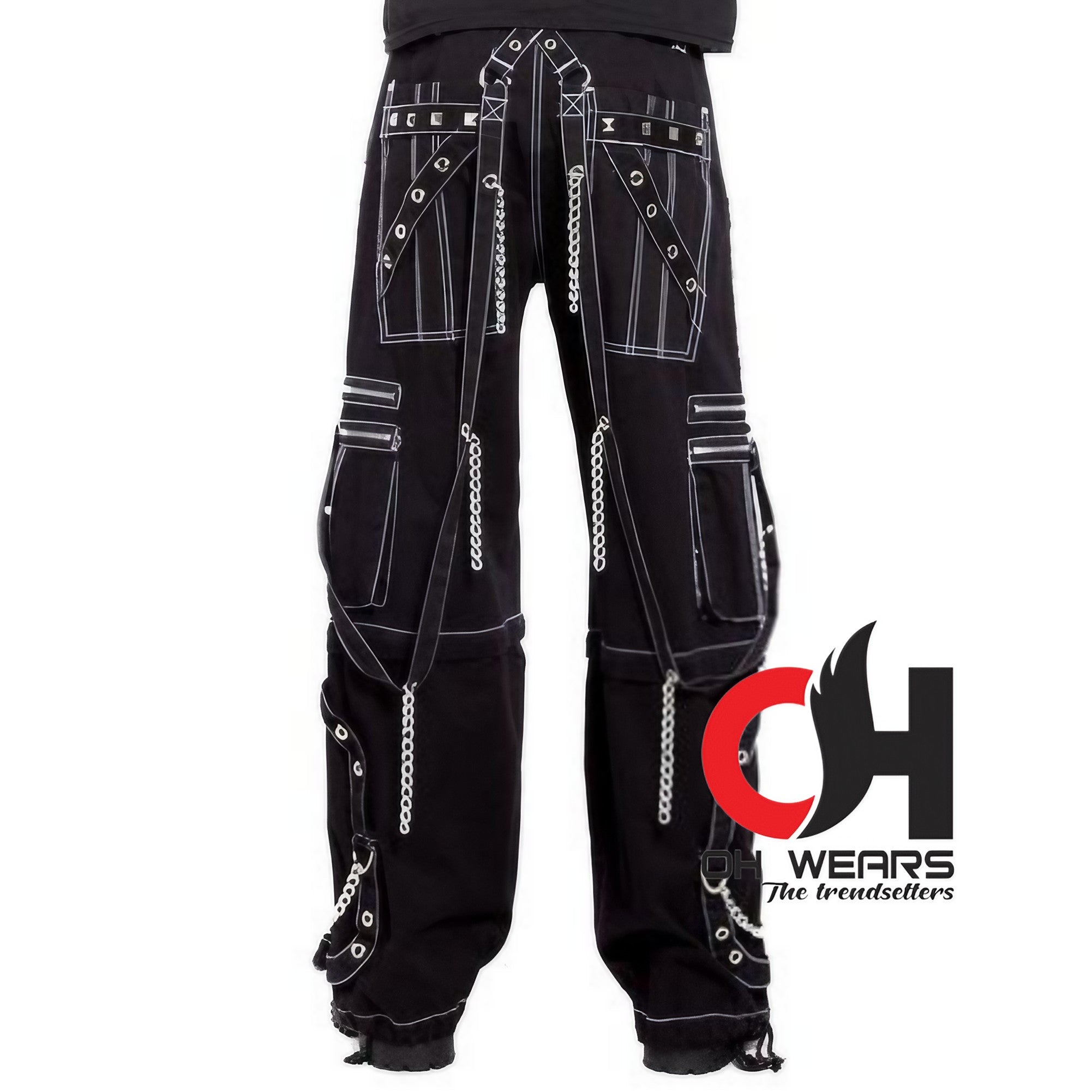 Man showcasing black Tripp Men’s Electro Bondage Rave Gothic Cyber Chain Goth Jeans Punk Rock Pants Gothic Pants OH-445-GT