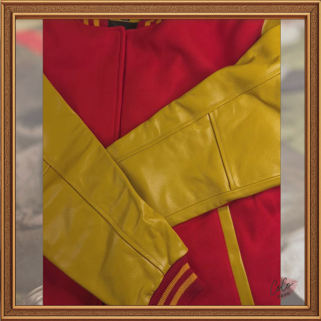 Red Wool and Genuine Yellow Leather Sleeves Varsity Jacket