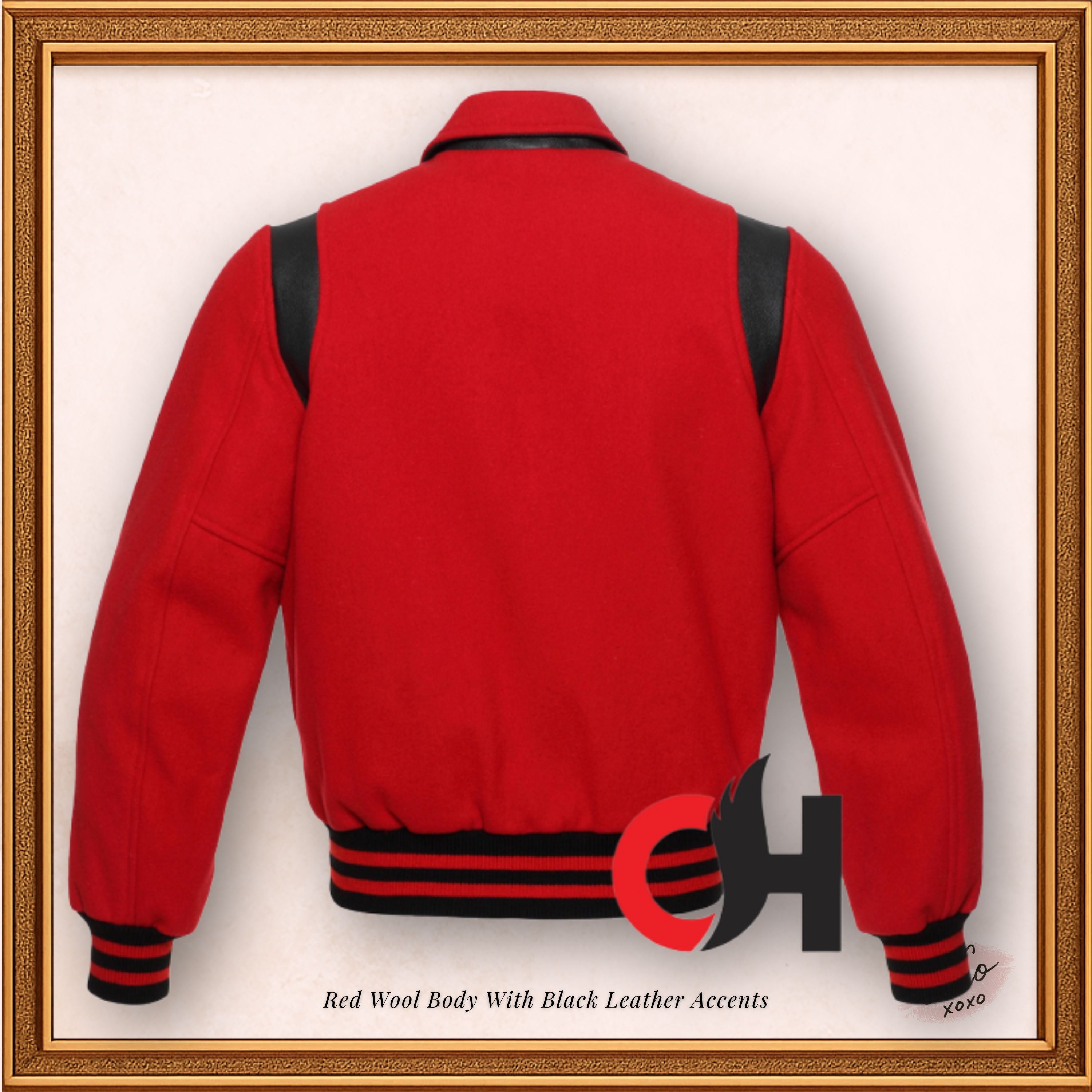 Byron Collar Red Wool with Black Leather Stripes Varsity Jacket
