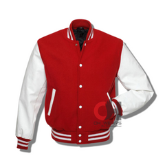 Chaqueta universitaria de lana roja y mangas de cuero blanco 