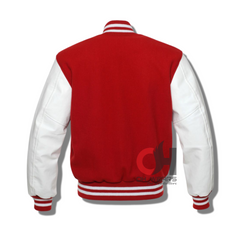 Men’s Red and White Varsity Jacket, Varsity Jacket with Red Blend Wool and White Leather Sleeves Children’s Baseball Jacket Women