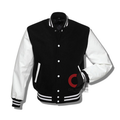 Black Wool Genuine White Leather Sleeves Varsity Jacket