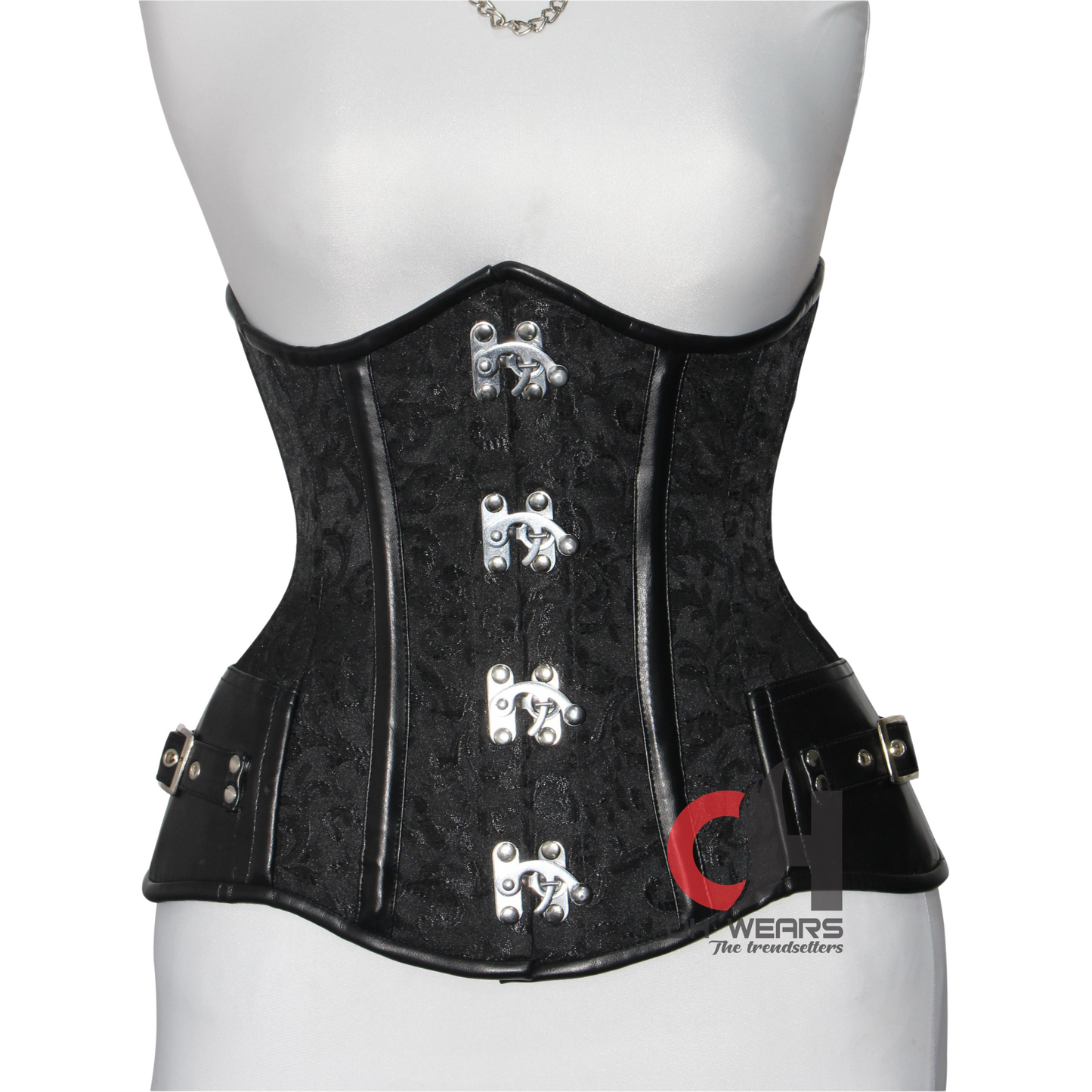 Black Brocade Leather Underbust Corset With Clasp Closure