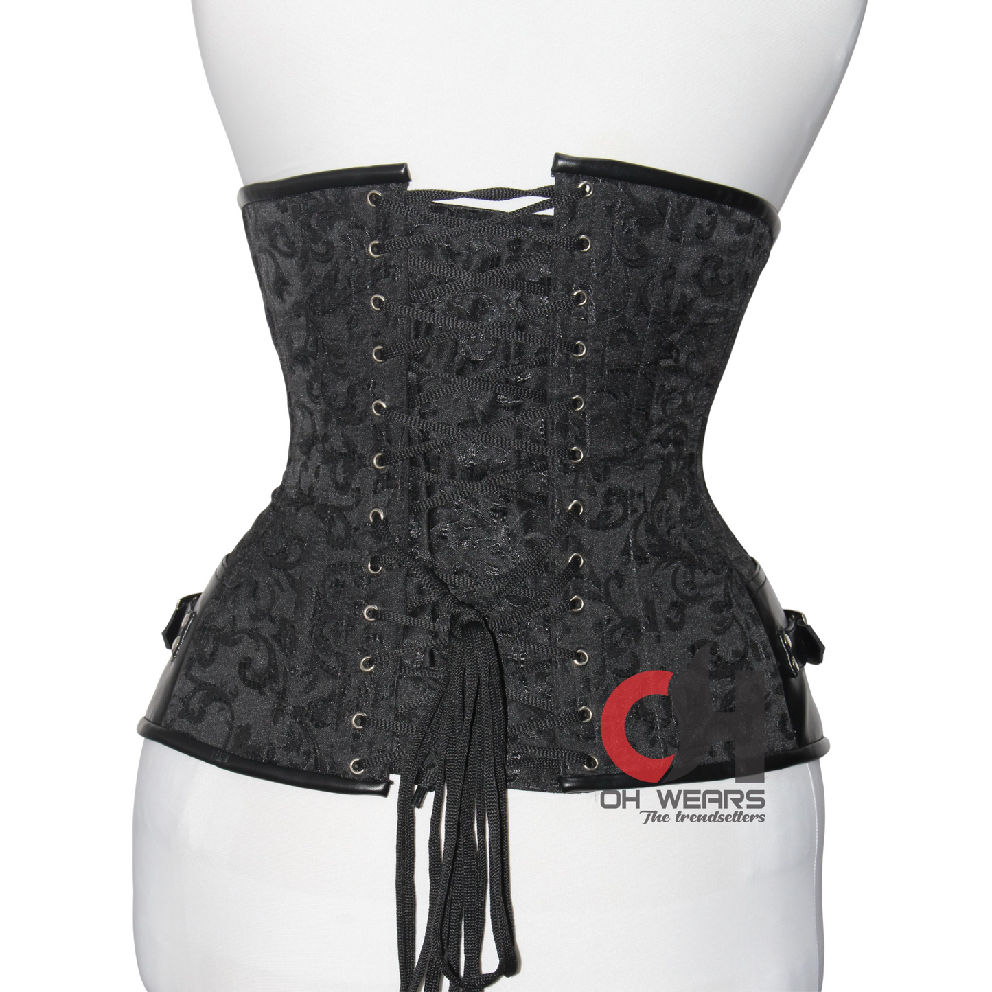 Black Brocade Leather Underbust Corset With Clasp Closure