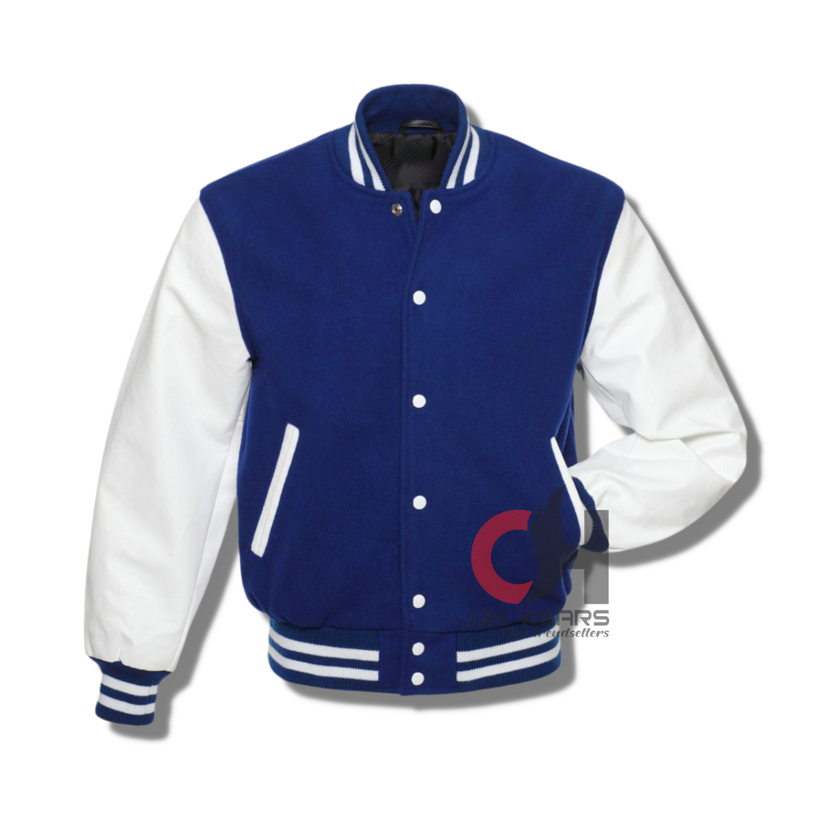 Chaqueta universitaria con mangas de cuero blanco genuino de lana azul 