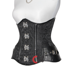 Black Brocade Leather Underbust Corset With Clasp Closure