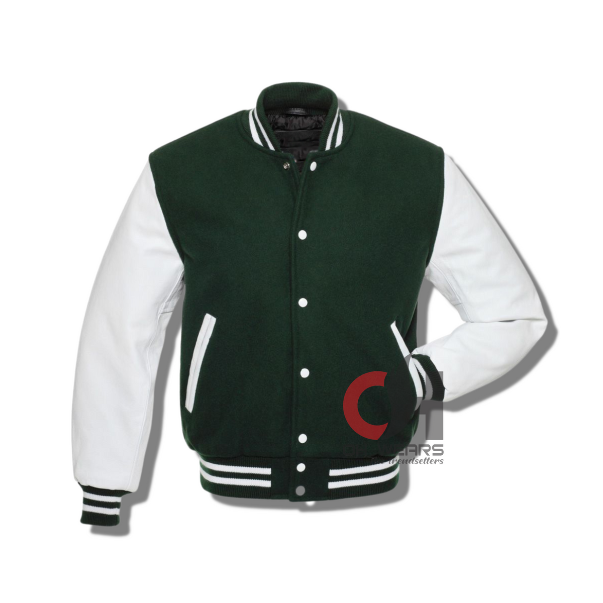 Chaqueta universitaria con mangas de cuero blanco genuino de lana verde 