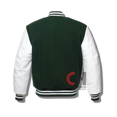 Chaqueta universitaria con mangas de cuero blanco genuino de lana verde 