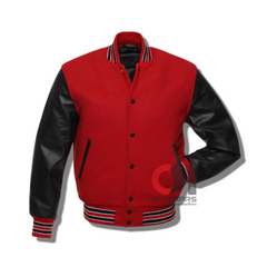 Chaqueta universitaria con mangas de cuero negro de lana roja 