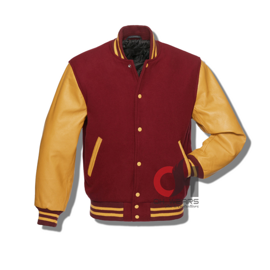 Maroon Wool Gold Leather Sleeves Varsity Jacket