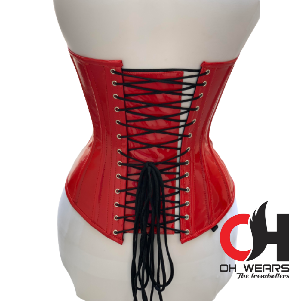 Red PVC Overbust Front Zipper and Lace Up Corset