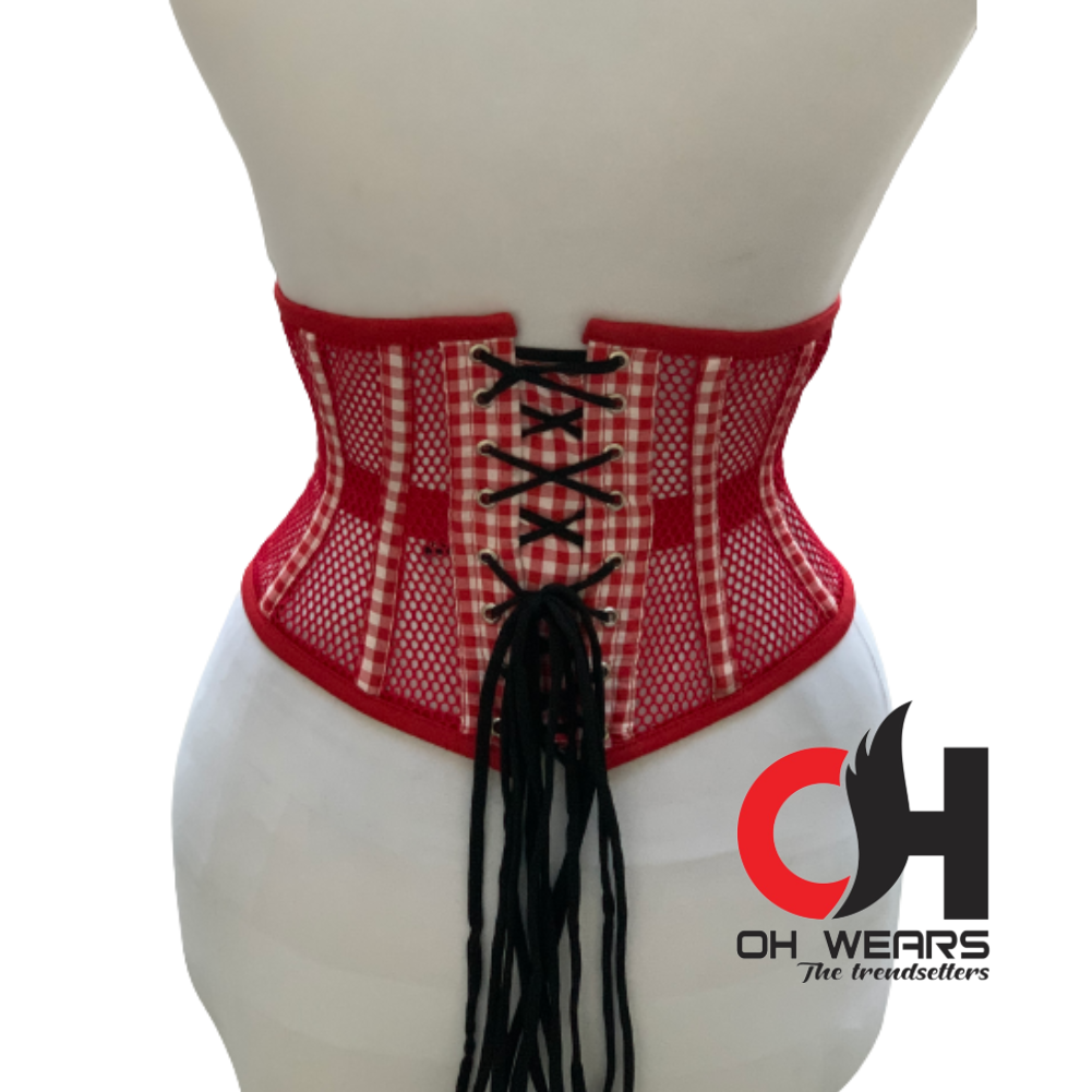 Red Mesh and Cotton Underbust Corset Steel Boned