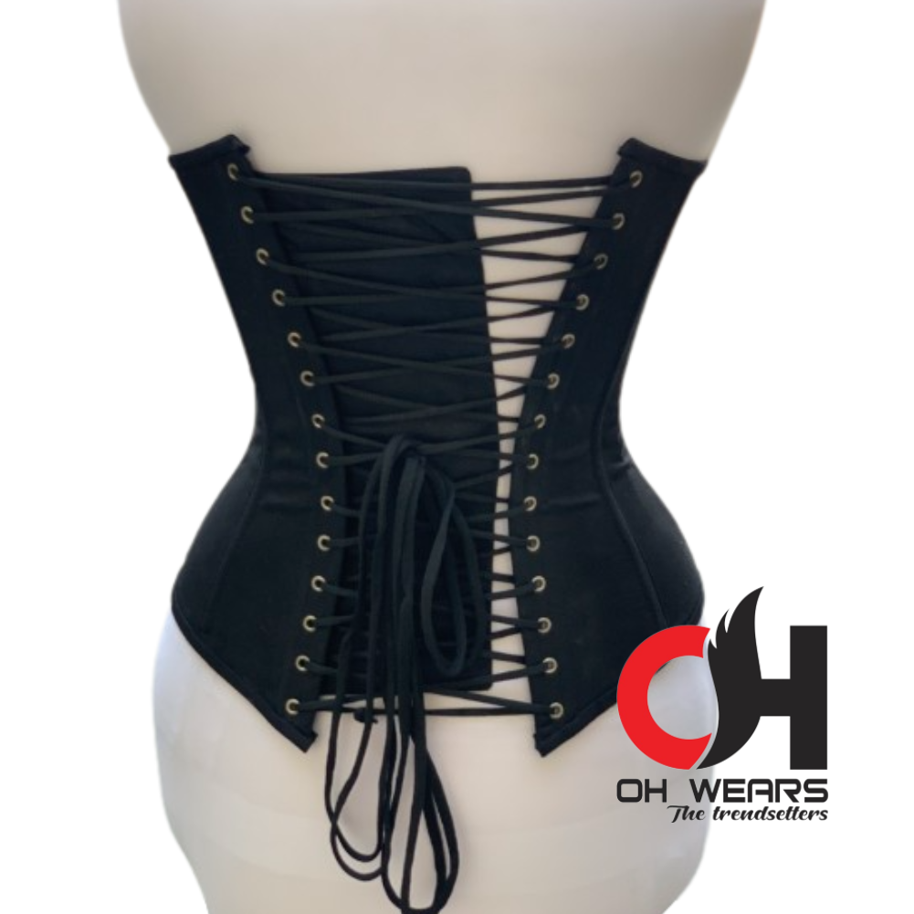 Black Cotton Overbust Black Corset Double Steel Boned