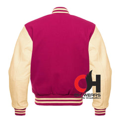 Pink Wool and Genuine Cream Leather Sleeves Varsity Jacket