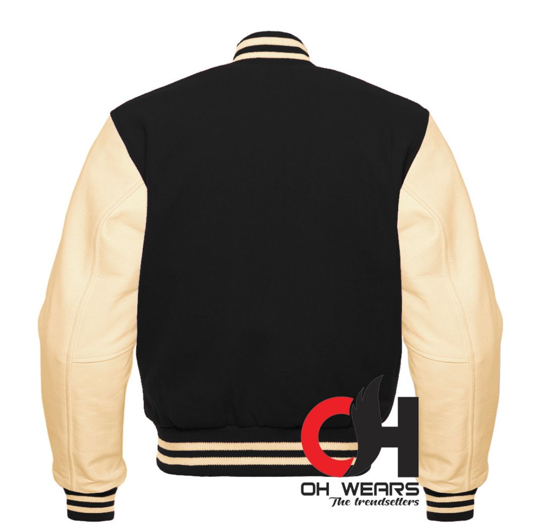 Black Wool and Genuine Cream Leather Sleeves Varsity Jacket