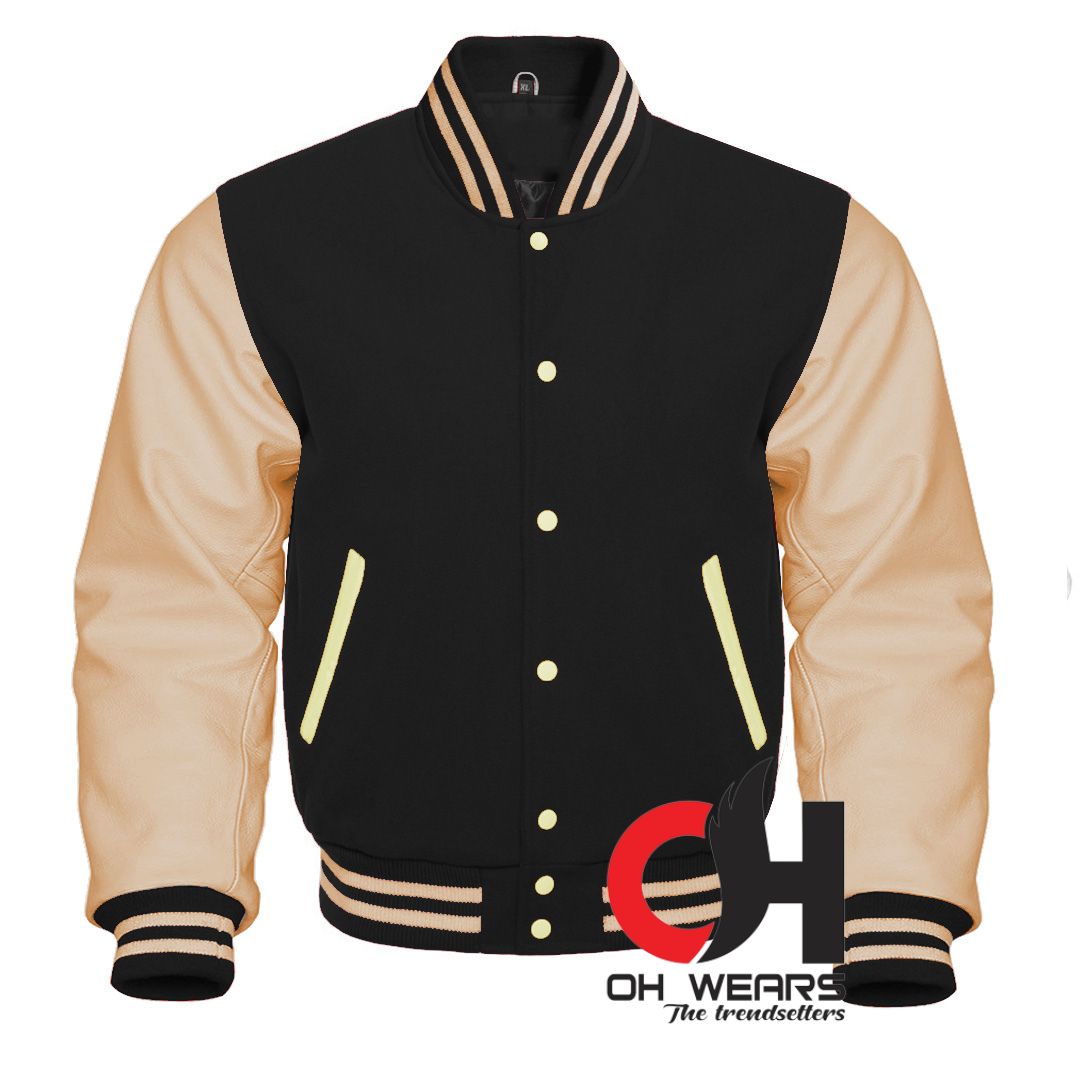 Black Wool and Genuine Cream Leather Sleeves Varsity Jacket