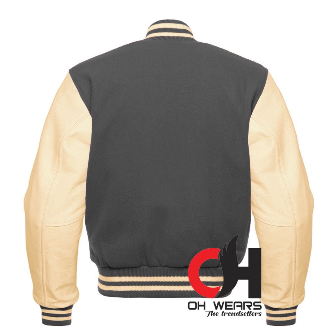 Gray Wool and Genuine Cream Leather Sleeves Varsity Jackets