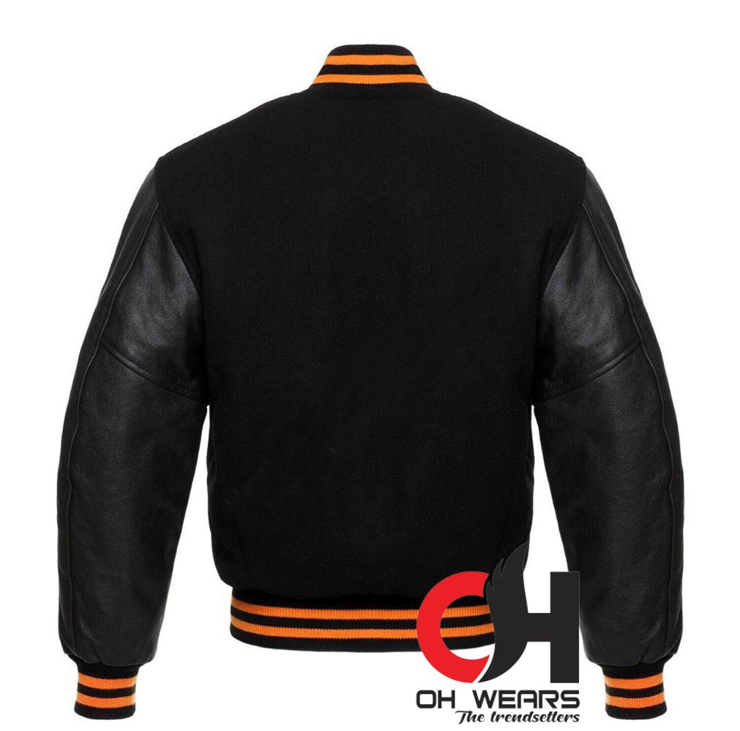 Black Wool and Genuine Black Leather Sleeves Varsity Jacket