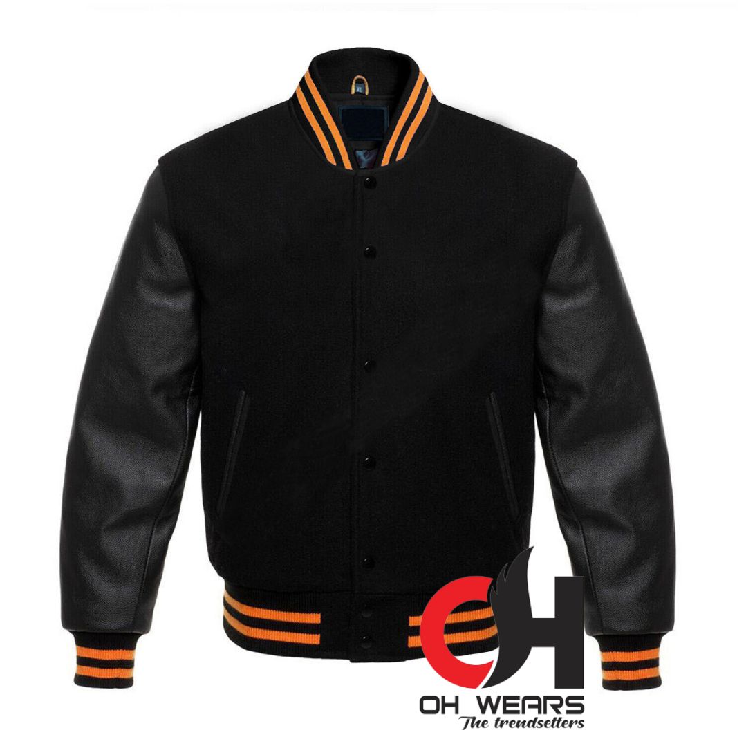 Black Wool and Genuine Black Leather Sleeves Varsity Jacket