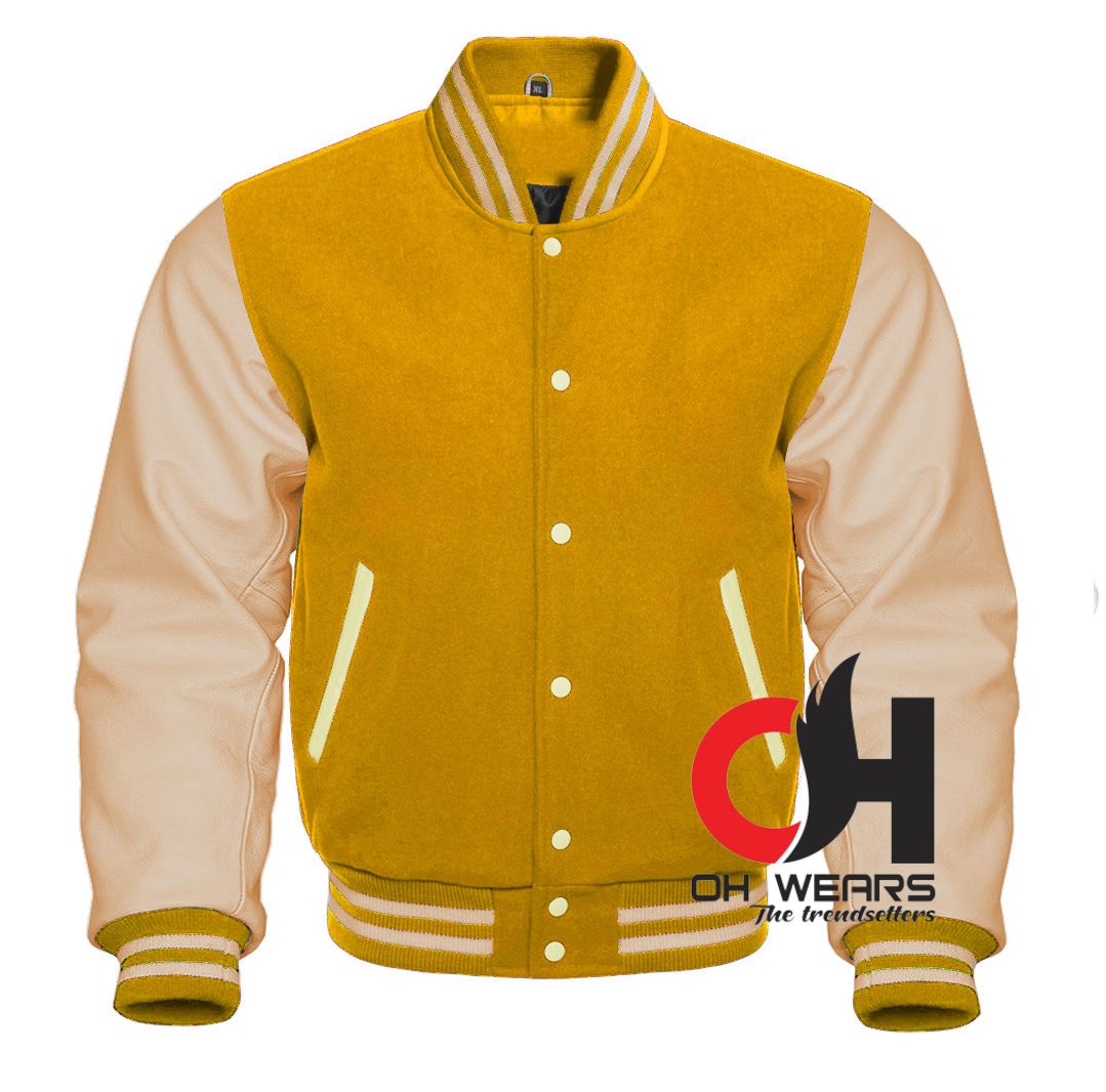 Yellow Wool and Cream Leather Sleeves Varsity Jacket