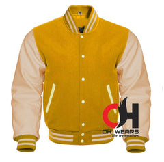 Chaqueta universitaria con mangas de cuero color crema y lana amarilla 