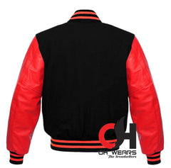 Men’s Red and Black Varsity Jacket, Varsity Jacket with Black Wool and Red Leather Sleeves Children’s Baseball Jacket Women