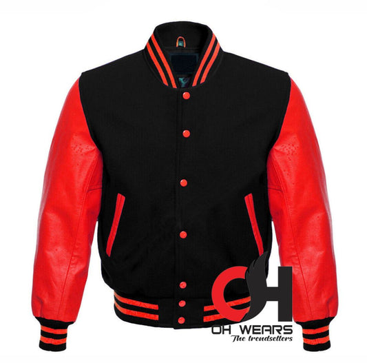 Men’s Red and Black Varsity Jacket, Varsity Jacket with Black Wool and Red Leather Sleeves Children’s Baseball Jacket Women