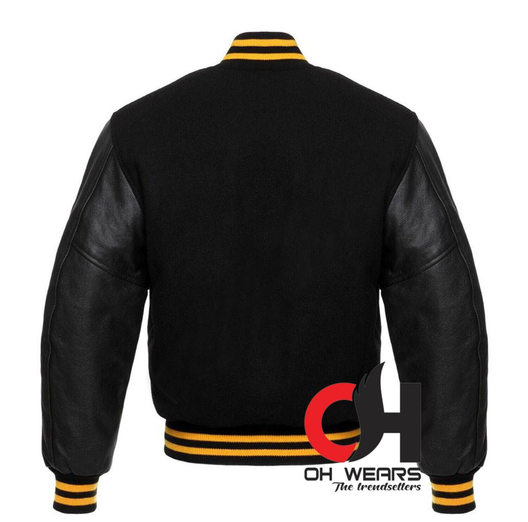 Black Wool and Genuine Black Leather Sleeves Varsity Jacket