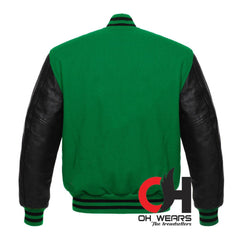 Unisex Green Wool Genuine Black Leather Sleeves Varsity Jacket