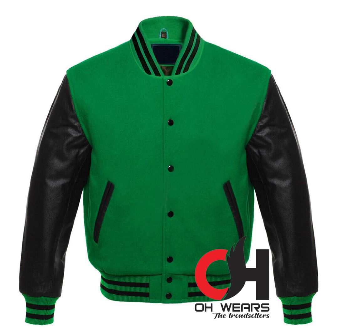 Unisex Green Wool Genuine Black Leather Sleeves Varsity Jacket