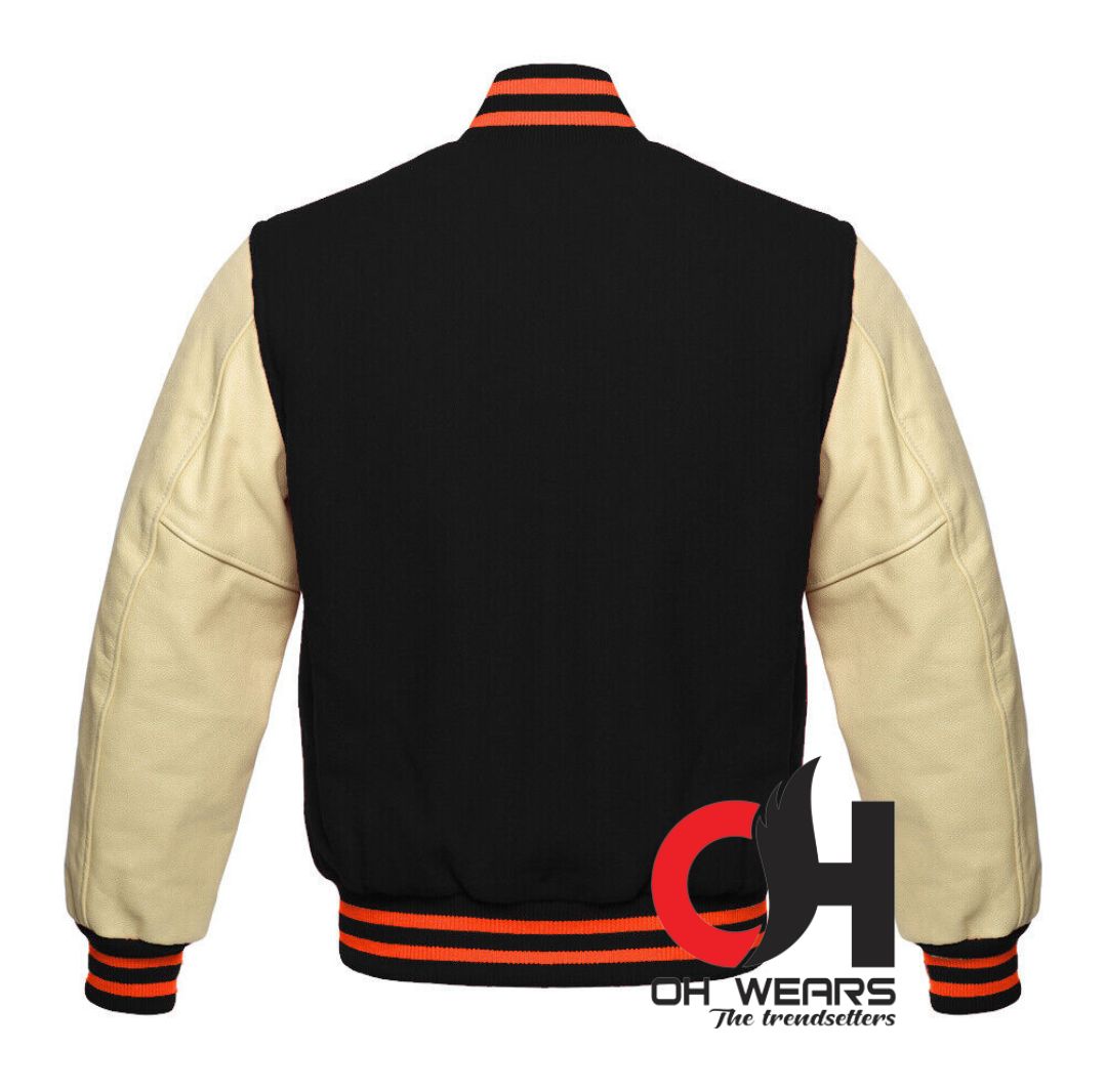 Black Wool and Genuine Cream Leather Sleeves Varsity Jacket