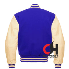 Royal Blue Wool & Cream Leather Sleeve Varsity Jacket