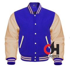 Chaqueta universitaria con mangas de cuero color crema y lana azul real 