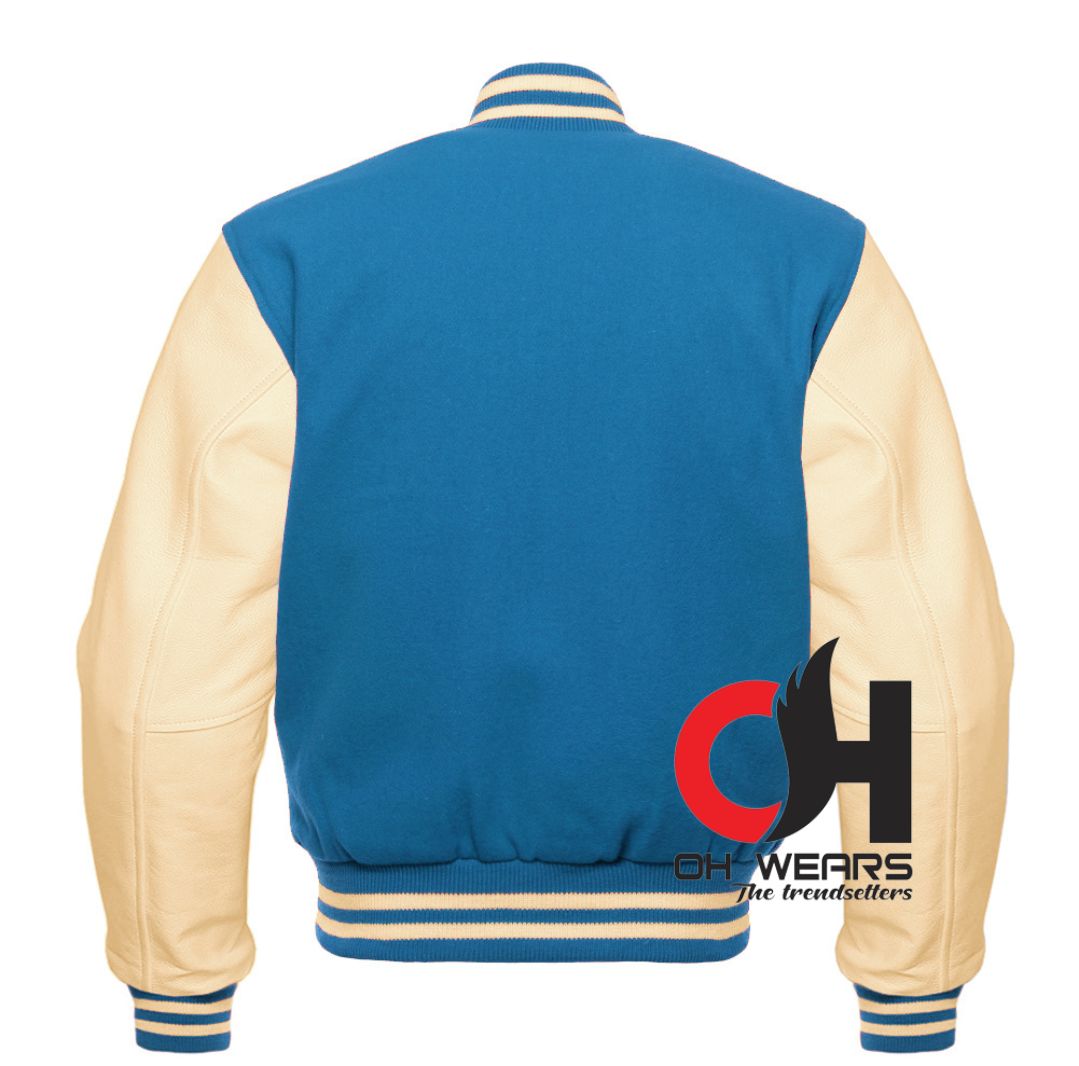 Custom Varsity Bomber Jacket in Blue Wool and Genuine Cream Leather Sleeves, Custom Men’s, Kids Bomber Jacket