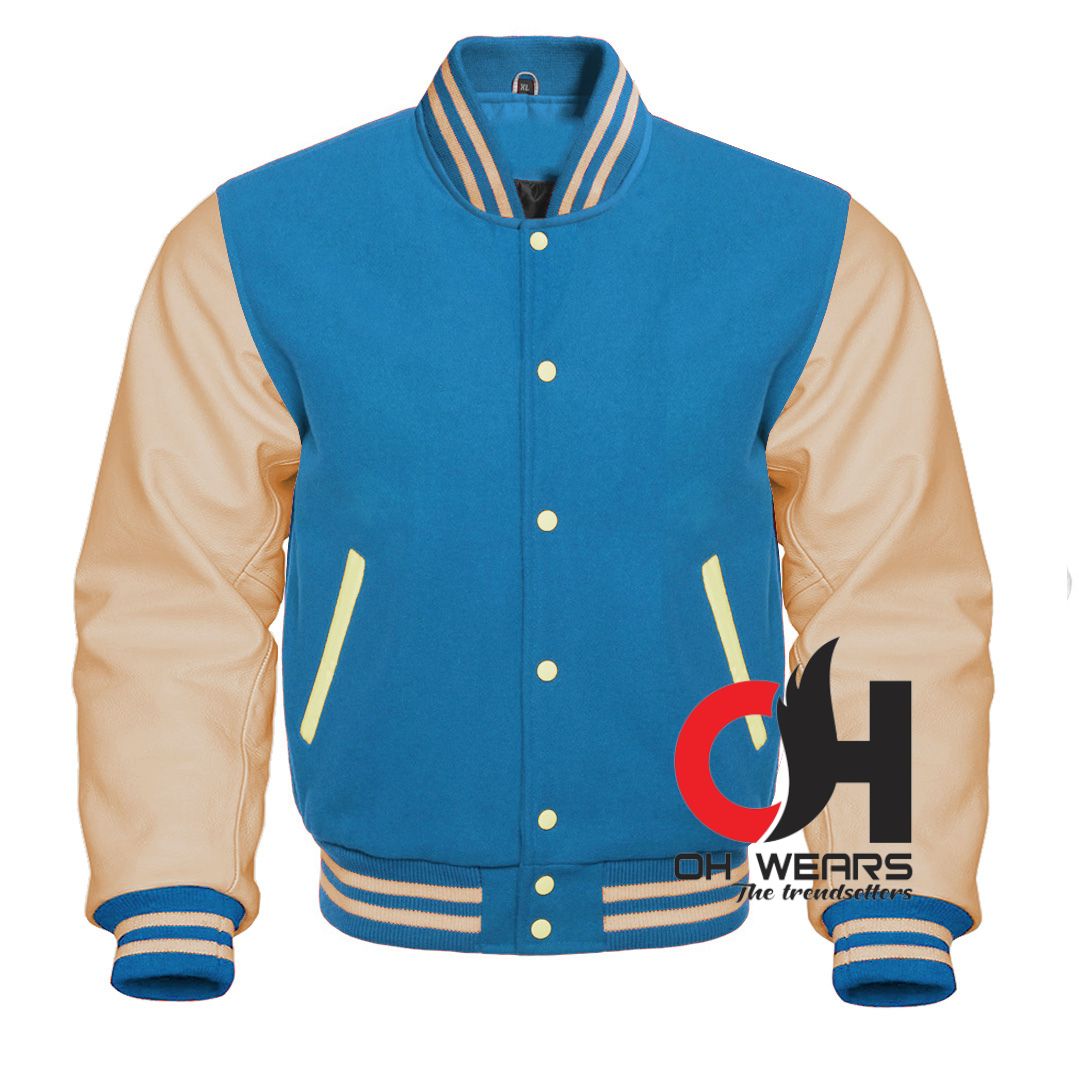 Custom Varsity Bomber Jacket in Blue Wool and Genuine Cream Leather Sleeves, Custom Men’s, Kids Bomber Jacket