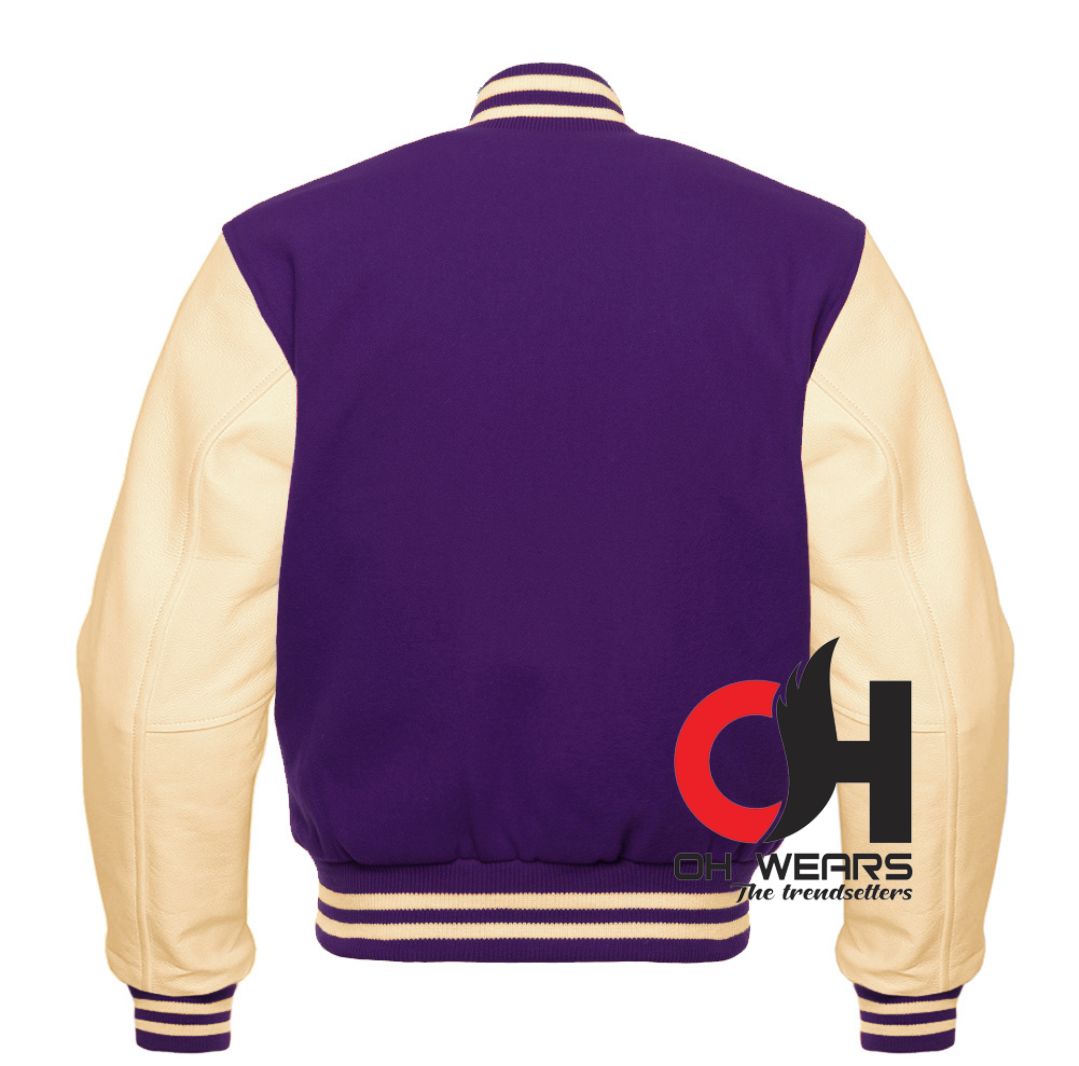 Chaqueta Varsity con mangas de piel color crema y lana morada 