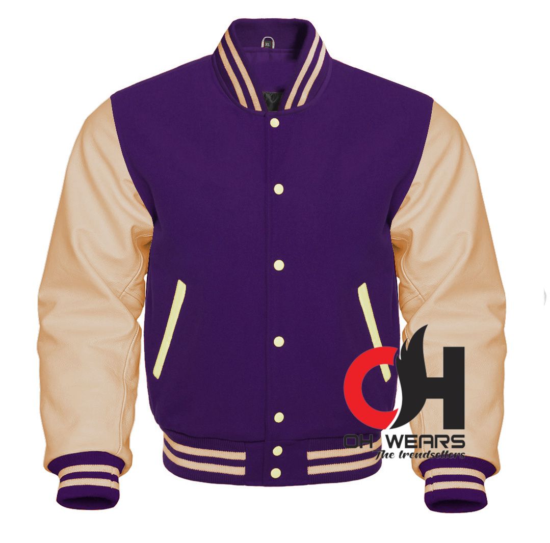 Chaqueta Varsity con mangas de piel color crema y lana morada 