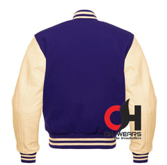 Navy Blue Wool and Genuine Cream Leather Sleeves Varsity Jackets