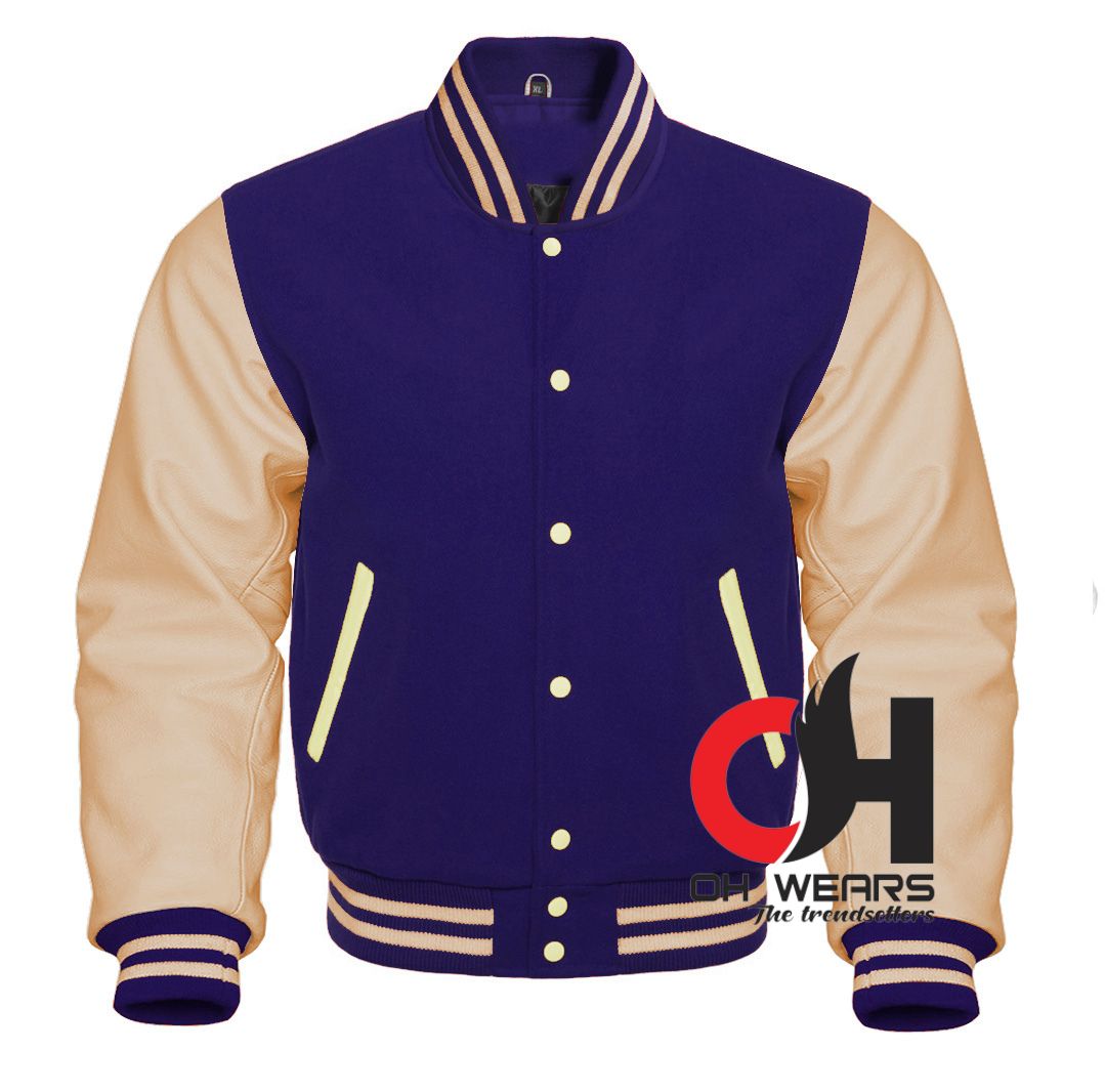 Navy Blue Wool and Genuine Cream Leather Sleeves Varsity Jackets