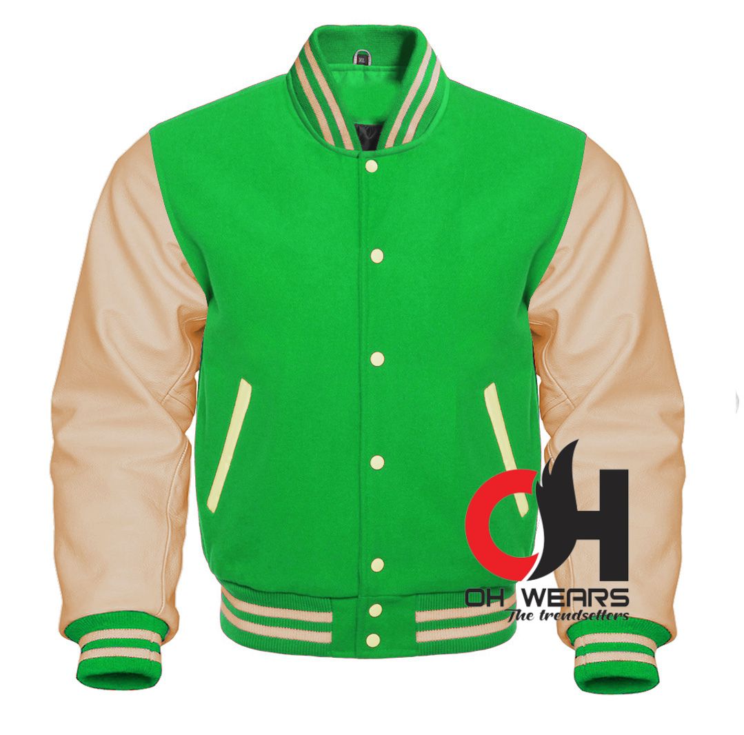 Chaqueta Varsity De Lana Verde Claro Y Piel Genuina Crema Con Mangas 